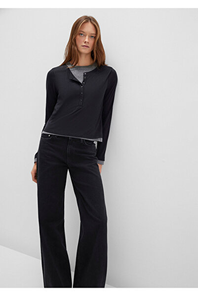 Mavi Schwarzes Langarm-T-Shirt aus Wollmischung mit doppelter Lage, halb schmale Passform / halb schmale Passform 1613400-900