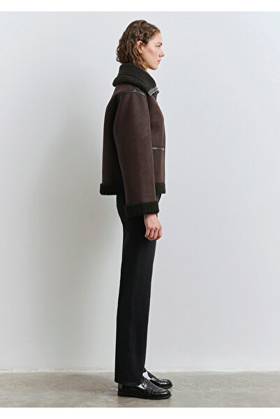 Mavi Faux Fur Detailed Brown Faux Leather Jacket Oversized / Wide Cut 1110718-70219