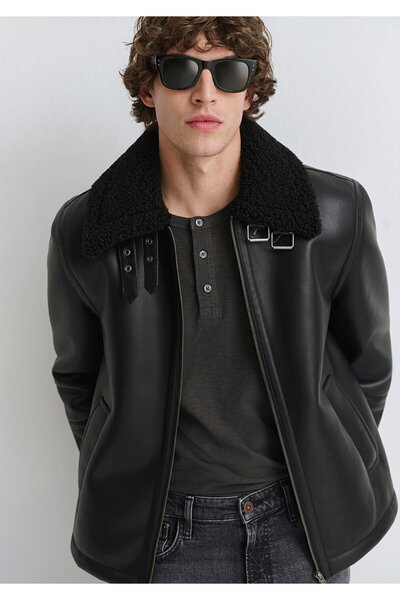 Mavi Μαύρο μπουφάν από συνθετικό δέρμα με λεπτομέρεια από ψεύτικη γούνα, κανονική εφαρμογή / κανονική εφαρμογή 0110670-71379