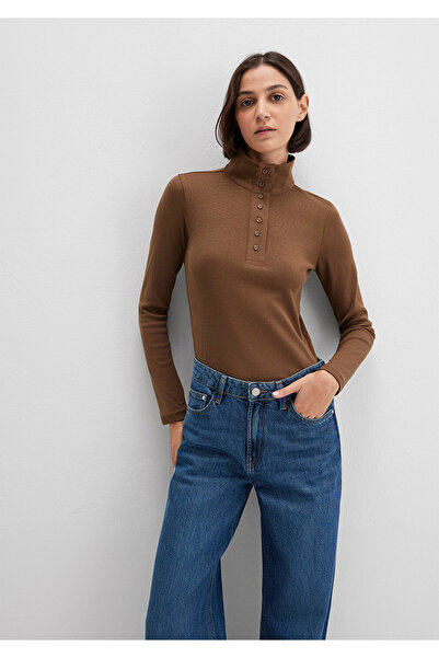 Mavi Button Detailed Mock Neck Brown T-Shirt Fitted / Bodycon Cut 1613614-71590