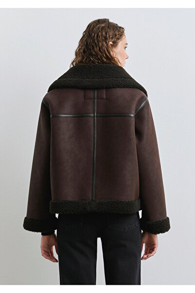 Mavi Faux Fur Detailed Brown Faux Leather Jacket Oversized / Wide Cut 1110718-70219