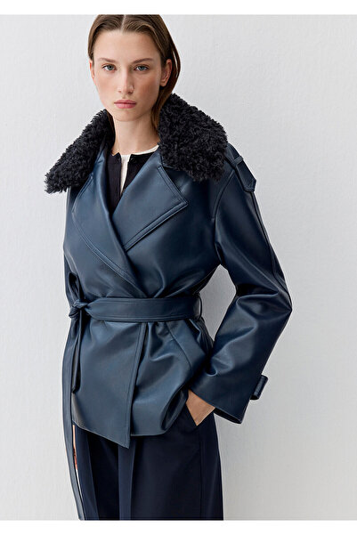 Mavi Navy Blue Faux Fur Detailed Faux Leather Jacket Loose Fit / Relaxed Fit 1110717-87822