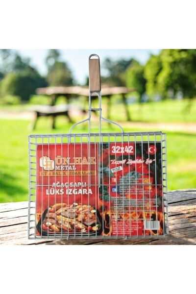 YILMAZNARGİLE Izgara 32*42 Cm,Ağaç Saplı Tel Izgara,Kamp Mangal,Et-Balık-Tavu...