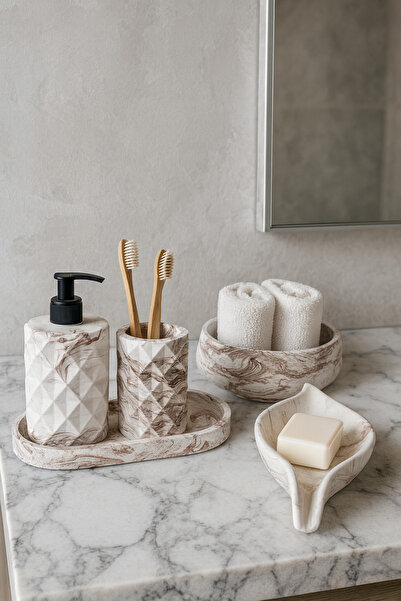 Zigzag Home Set de baie decorativ cu model de marmură, 5 piese, dozator de săpun lichid/solid, suport pentru periuță de dinți, suport pentru prosoape, set de tăvi