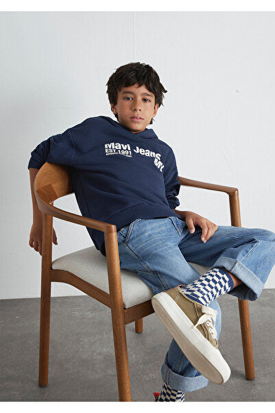 Mavi Jeans Printed Hooded Navy Blue Sweatshirt 6S10141-82318