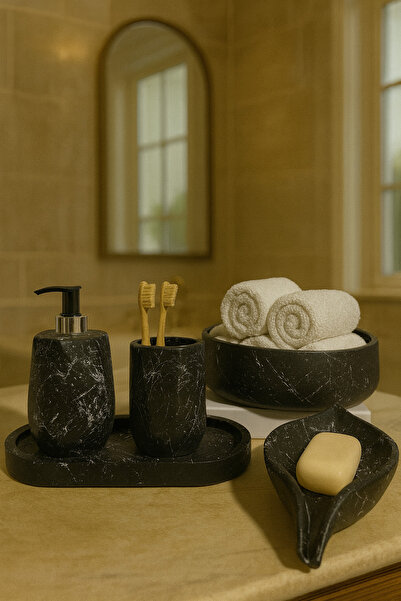 Zigzag Home Decorative 5 Piece Marble Pattern Bathroom Set Liquid/Solid Soap Dispenser Toothbrush Holder Towel Rack Tray Set