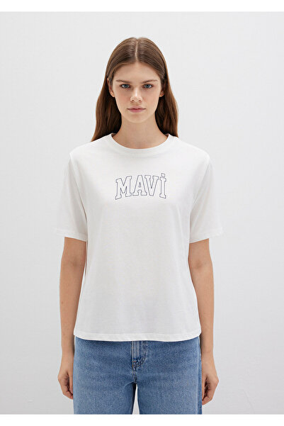 Mavi Logo-bedrucktes Ecru-T-Shirt mit normaler Passform / normaler Schnittform 1613564-70057