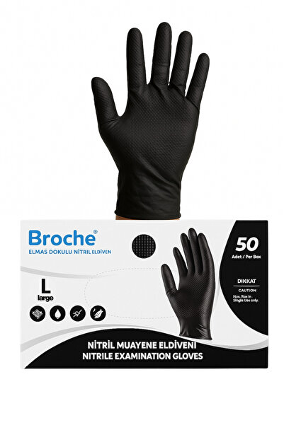 Broche قفازات نيتريل سوداء سميكة للغاية مزخرفة بالألماس 50 قطعة - كبيرة