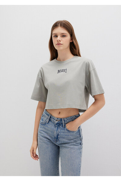Mavi Logo Printed Gray Crop T-Shirt Crop / Short Cut 1613411-70112