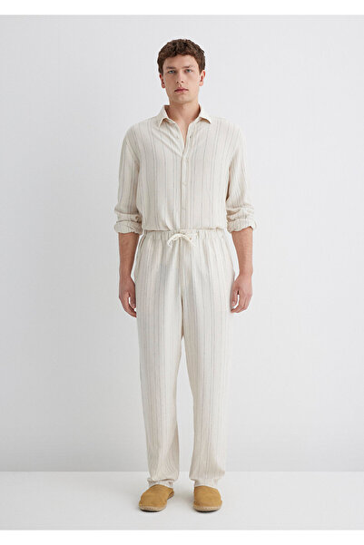 Mavi Λινό Μικτό Ριγέ Μπεζ Παντελόνι 0010467-83884