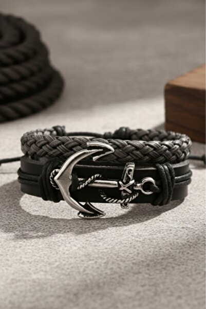 BSN Store 2-Piece Mariner's Anchor Premium Black/Gray Genuine Leather Bracelet