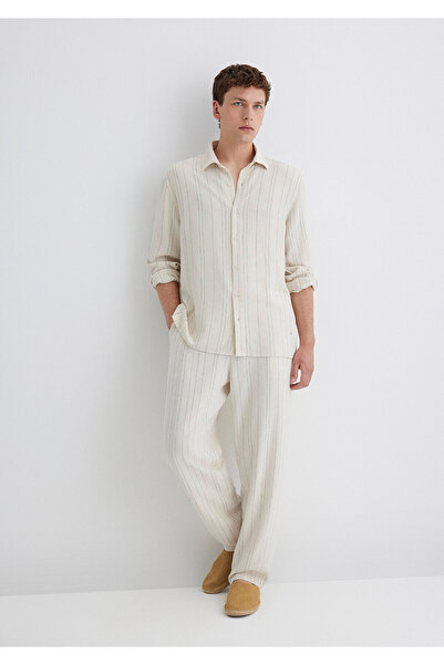 Mavi Λινό Μικτό Ριγέ Μπεζ Παντελόνι 0010467-83884