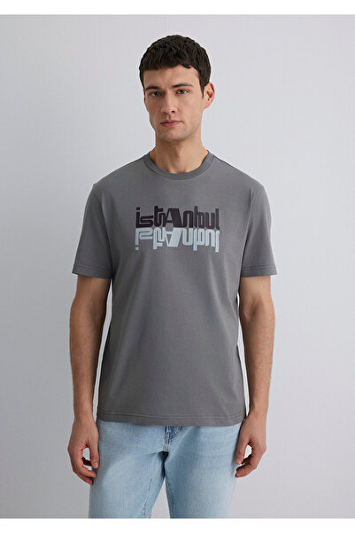 Mavi Graues T-Shirt mit Istanbul-Print, reguläre Passform, normaler Schnitt, 0612992-70099