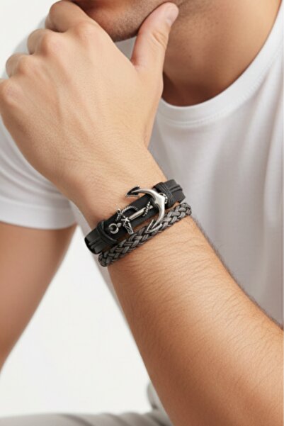 BSN Store 2-Piece Mariner's Anchor Premium Black/Gray Genuine Leather Bracelet