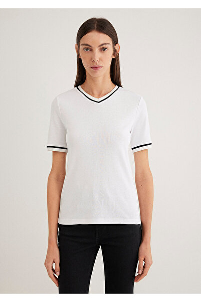 Mavi Λεπτομερές λευκό μπλουζάκι με ρίγες V-λαιμόκοψη Slim Fit 1612906 -70057