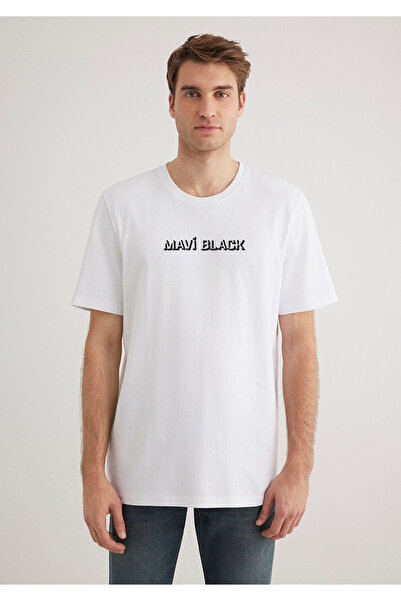 Mavi Schwarz bedrucktes weißes T-Shirt mit normaler Passform / normaler Passform 0612527 -620