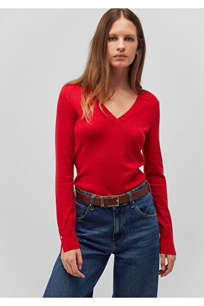 Mavi V Yaka Kırmızı Kazak Slim Fit / Dar Kesim 1710509-80791