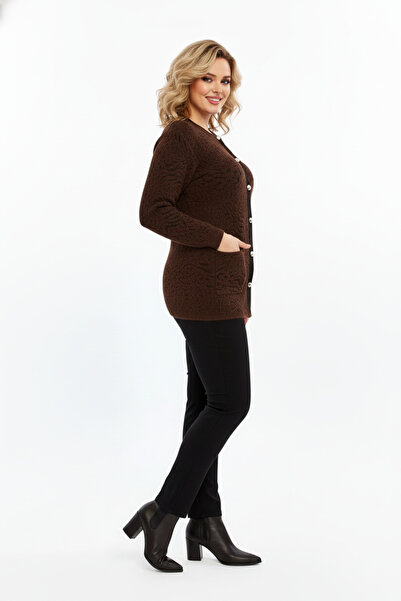 Laden Knitwear Angora Women's Plus Size Winter Thick Soft Mother Brown Cardigan
