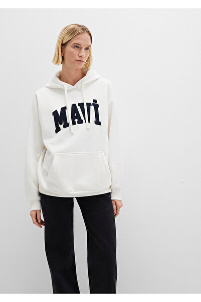 Mavi Weißes Oversize-Kapuzenpullover mit Logo-Stickerei – 1S10175-80194