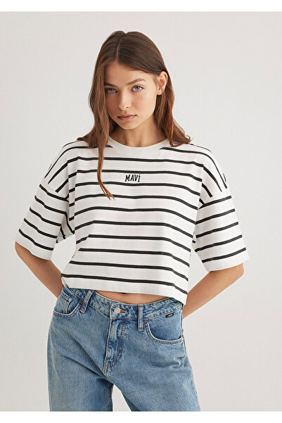 Mavi Tištěné logo Černé tričko Striped Crop Crop / Short Cut1612227-86678