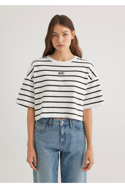 Mavi Tištěné logo Černé tričko Striped Crop Crop / Short Cut1612227-86678