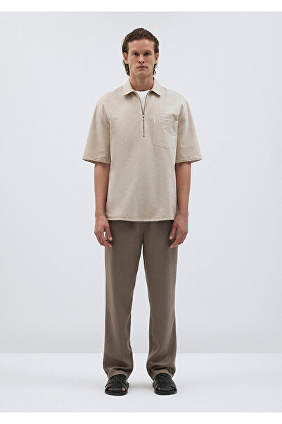 Mavi Keten Karışımlı Yarı Fermuarlı Polo Tişört Loose Fit / Bol Rahat Kesim 0211078-70074