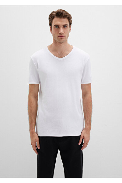 Mavi Weißes tailliertes T-Shirt mit V-Ausschnitt und Rippenmuster -063748-620