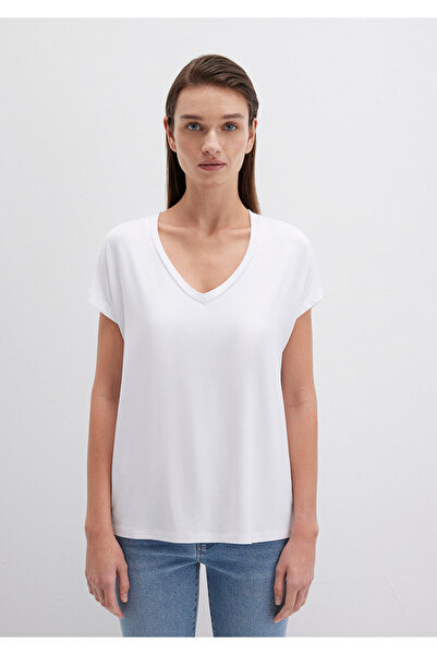 Mavi Weißes Basic-T-Shirt aus Viskose mit V-Ausschnitt, reguläre Passform 167714 -620