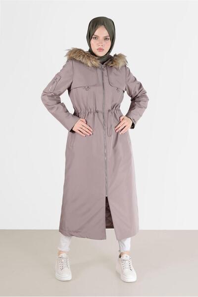 Alvina KÜRK DETAYLI KAPÜŞONLU BELİ BÜZGÜLÜ PARKA 90237