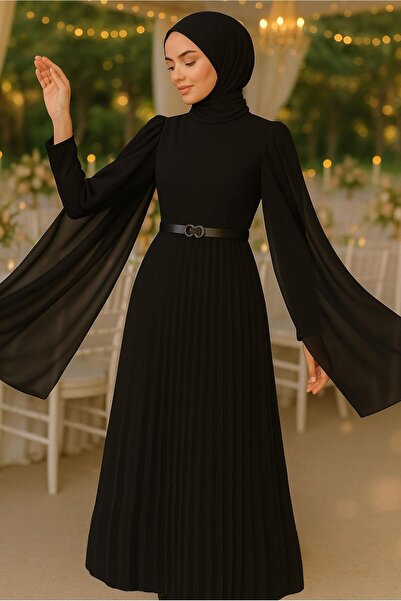 TRENDTESETTÜR KADIN SİYAH KEMERLİ PİLİSELİ ELBİSE T 5784