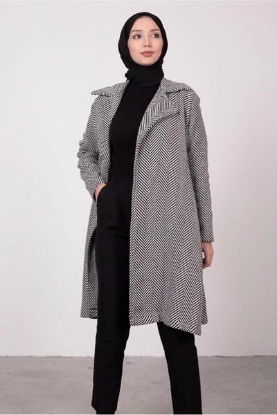 TRENDTESETTÜR KADIN SİYAH BALIKSIRTI DESENLİ KABAN 5285