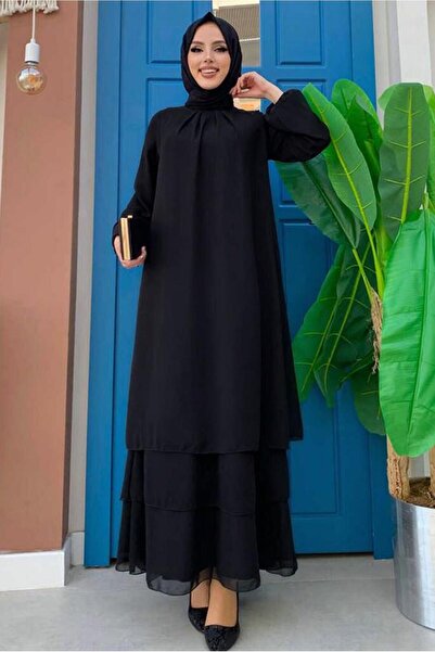 TRENDTESETTÜR KADIN SİYAH MANŞETLERİ LASTİKLİ ŞİFON KAT ELBİSE T 0603
