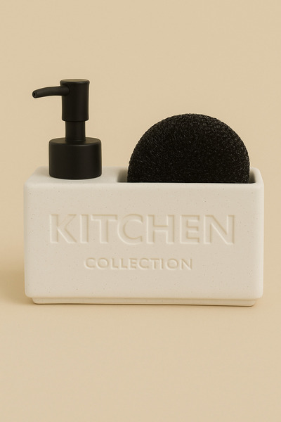 DailyHome Mutfak Deterjanlık ve Süngerlik Seti – Beton Görünümlü Sabunluk, Sıvı Sabun Pompalı Organizer