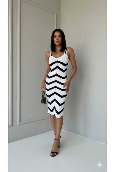 Esram Butik Kadın Askılı Kalp Yaka Beyaz Siyah Yazlık Elbise