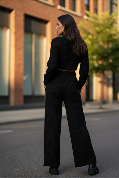 YusGos Women's Half Fisherman Knit Crop Sweater Pants Knitwear Top and Bottom Set Black XS