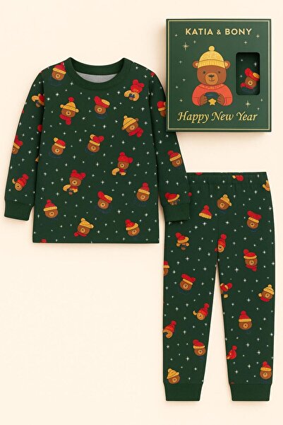 Katia&Bony Children's Teddy Patterned Boxed Christmas Pajama Set Green