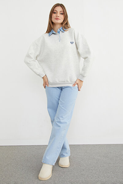 Fulla Moda 3 Thread Heart Embroidered Polo Neck Denim Detailed Sweatshirt