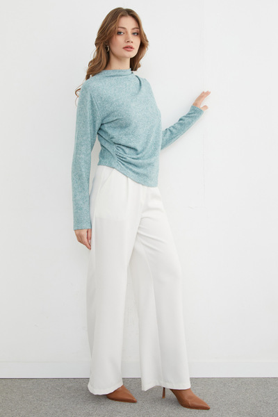 Fulla Moda High Neck Knit Blouse with Draped Sides