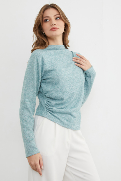 Fulla Moda High Neck Knit Blouse with Draped Sides