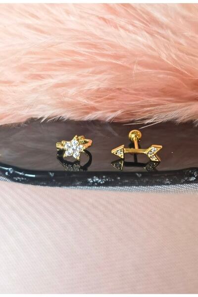 Bylin Helix & Tragus Oklu 925 Ayar Gümüş Gold Piercing Küpesi Seti (2adet)