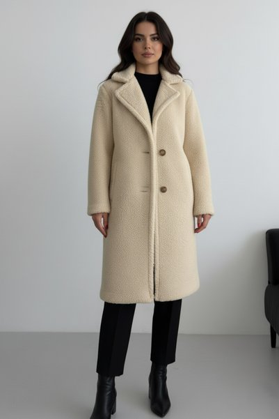ALFUDO Moda Collection Kadın Astarlı Ceplı Peluş Kışlık Bej Kaban