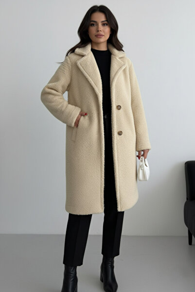 ALFUDO Moda Collection Kadın Astarlı Ceplı Peluş Kışlık Bej Kaban