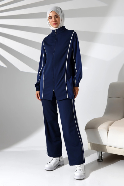 Mihran Butik بدلة نسائية موسمية من القطن الممشط، رياضية ومريحة، بنطال تونيك مزدوج باللون الأزرق الداكن، بدلة حجاب أنيقة