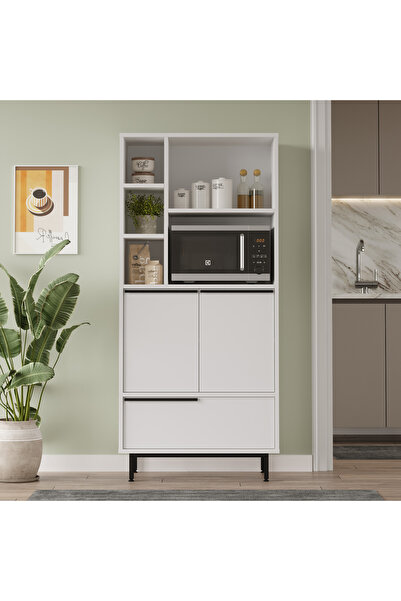 Yurupa Bohem Mutfak Kiler Dolabı Mikrodalga 3 Kapaklı Raflı Metal Ayaklı Beya...