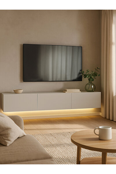 dorpek Cercei Led Li Işıklı Tv Ünitesi 180 Cm - Kumtaşı Renk, Modern, Geniş, Raflı Tasarım - Tv Sehpası