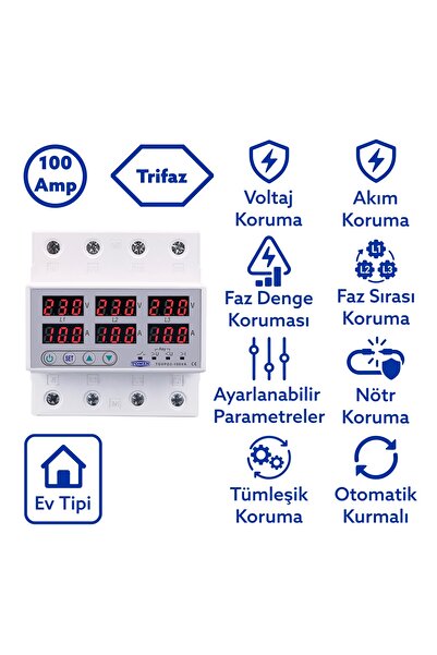 TOMZN Trifaz Gerilim ve Akım Koruma Rölesi Yüksek Alçak Voltaj Koruyucu Röle 220V 100A 3Faz