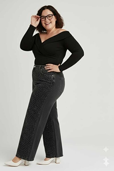 ELONİ Super Battal Large Size Wide Leg Stretch Fabric Stone Denim Pants