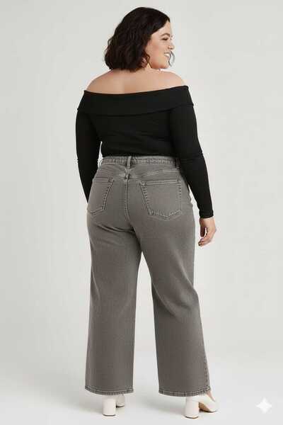 ELONİ Super Battal Large Size Wide Leg Stretch Fabric Stone Denim Pants