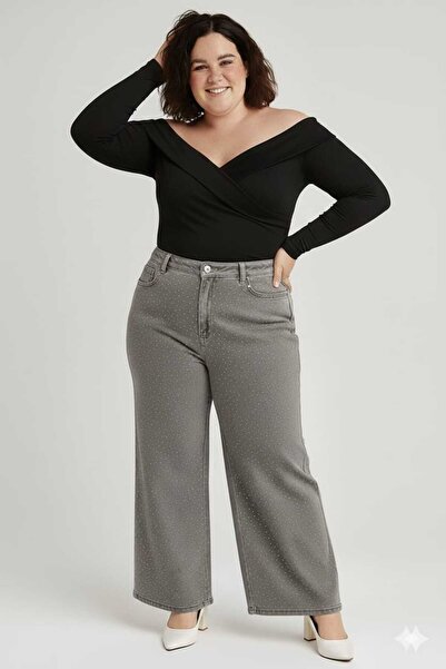 ELONİ Super Battal Large Size Wide Leg Stretch Fabric Stone Denim Pants