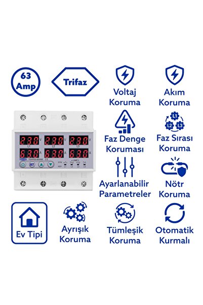 TOMZN Gerilim Ve Akım Koruma Rölesi Voltaj Koruyucu 63A 3 Fazlı - Ev Tipi - Ayrışık Faz Koruma